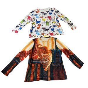 Set of 2 Long Sleeve Cat Print Shirts Tops Multicolored 1XL